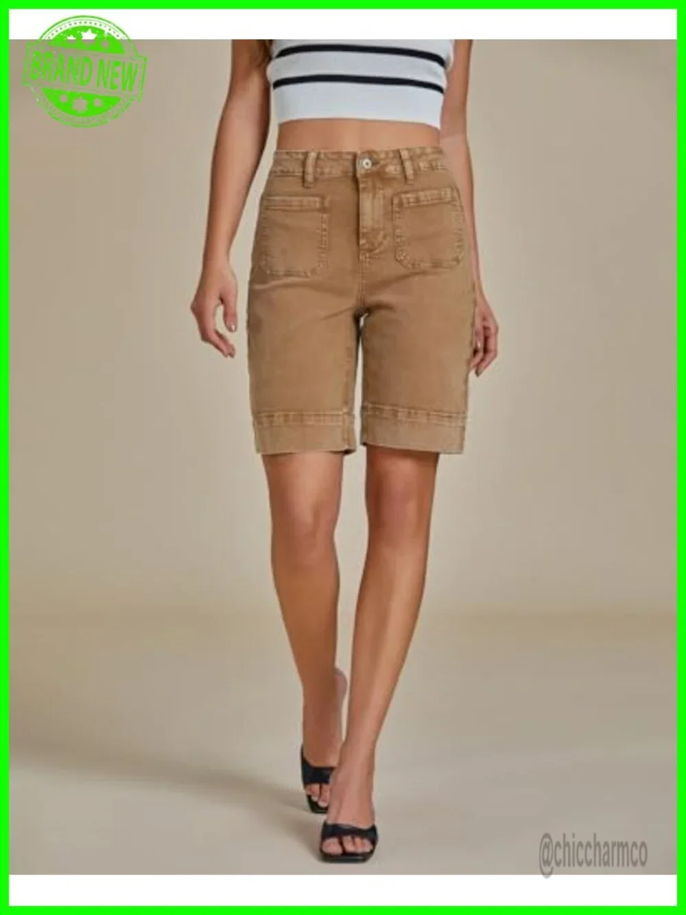 High Waisted Bermuda Shorts Denim Patch Pocket Stretchy Jorts